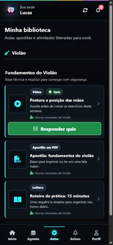 Biblioteca do aluno com vídeo, apostila, leitura e quiz