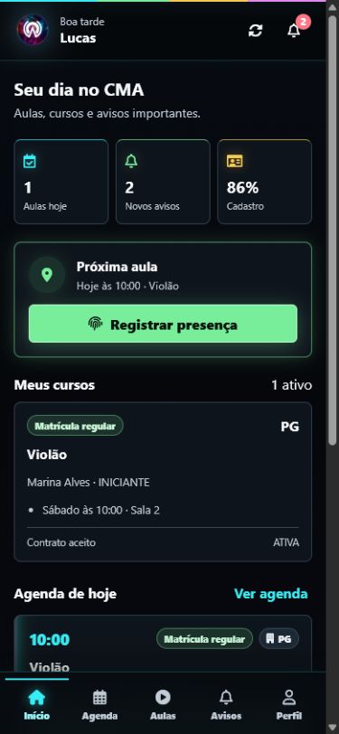 Tela inicial do aluno com próxima aula e curso ativo