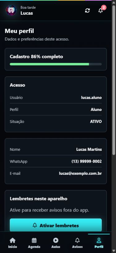 Perfil do aluno com cadastro e andamento dos módulos
