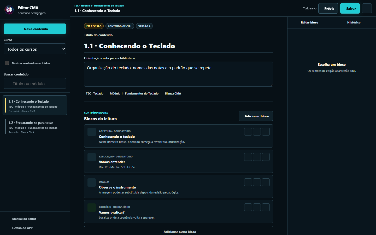 Editor CMA com biblioteca de conteúdos e blocos da apostila