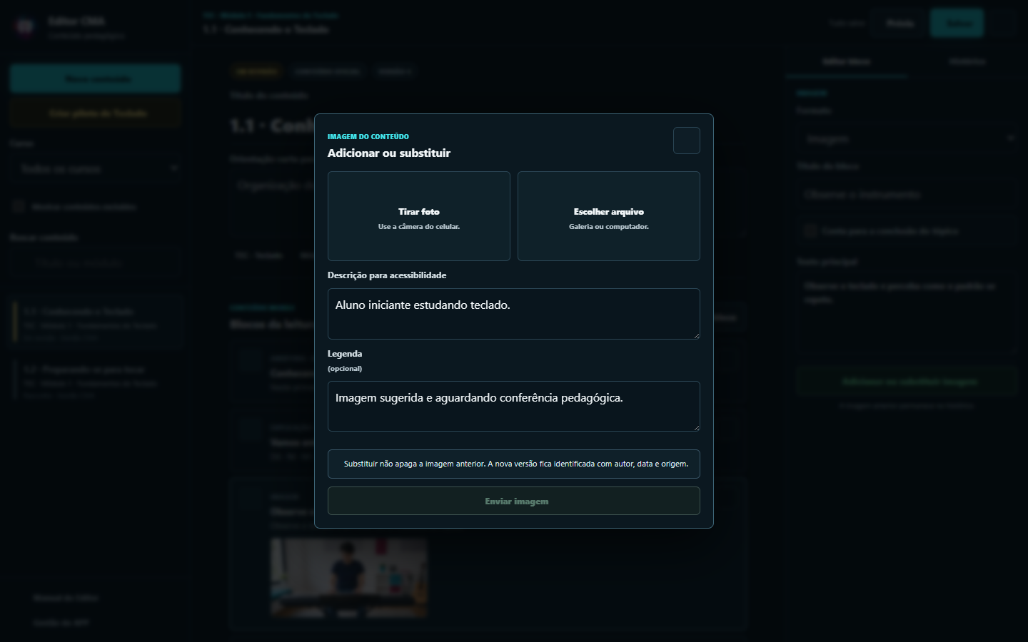 Inspector do Editor CMA para trocar imagem e preencher acessibilidade