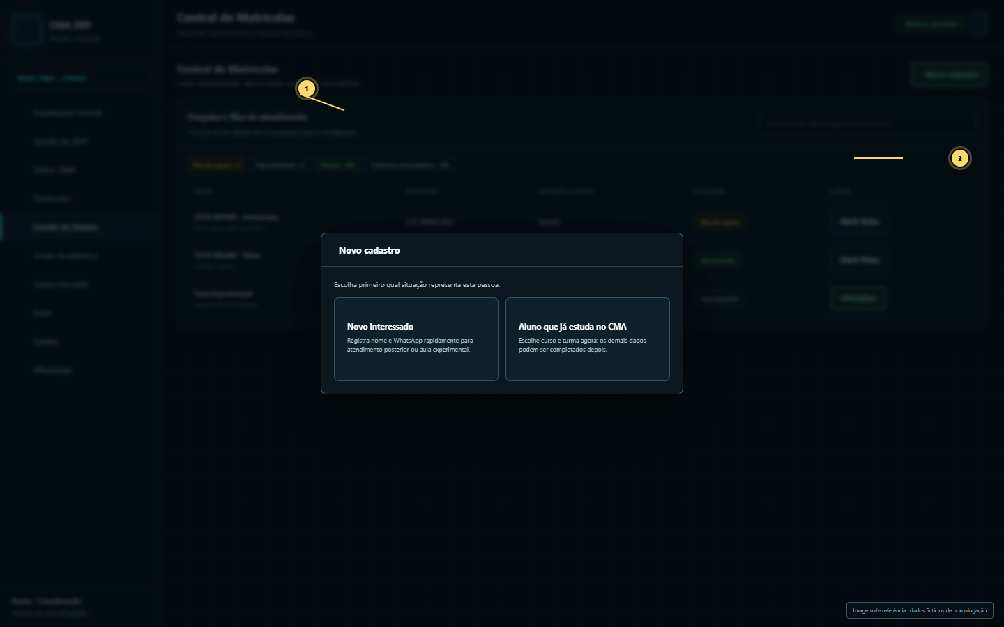 Modal de novo cadastro na Central de Matrículas