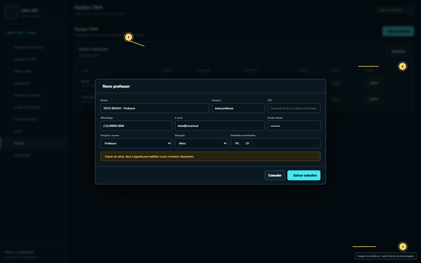 Modal de cadastro de novo professor no ERP CMA