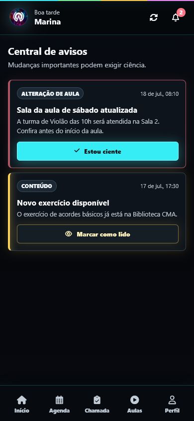 Central de avisos do professor com confirmação de ciência