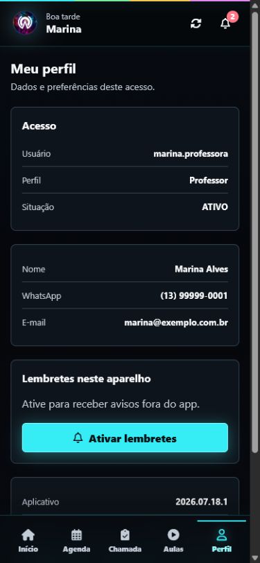 Perfil do professor com dados de acesso e lembretes